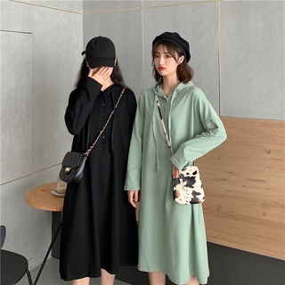 Estilo de las mujeres de manga larga con capucha suelta vestido con capucha jersey vestidos Midi (1)