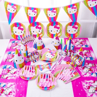 Hello Kitty lindo rosa desechable vajilla decoración conjunto bandera torta Topper plato paja bebé fiesta de cumpleaños necesidades (1)
