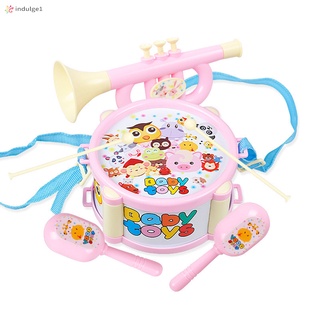 [iug] 4 piezas de instrumentos de juguete para niños kit de tambor pequeño martillo de arena cuerno kits temprano educativo bebé juguetes regalo (2)