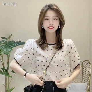 Corea del sur Dongdaemun mujer Floral gasa camisa cuello redondo manga corta camiseta no es un limitado en la manga (hay 14 días)