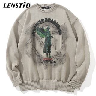 LENSTID-suéteres de punto para hombre, ropa de calle con estampado de Rayo de Ángel, Hip Hop, Harajuku, Hipster, Casual, de gran tamaño, otoño