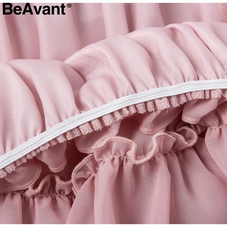 verano de las señoras de la correa de hombro de gasa con volantes plisado falda rosa vestido elegante vacaciones suelta playa mini falda (8)