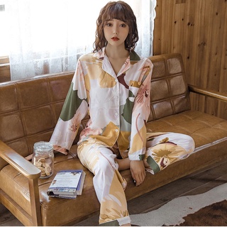 verano de impresión delgada pijama conjunto de las mujeres de manga larga pantalones de algodón de seda v-cuello traje pijamas