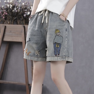 Jeans Women's Shorts 【Plus size（S~4XL）】Cintura alta, nova e solta, versátil, bordado fino, cintura elástica, bordado retrô calça reta