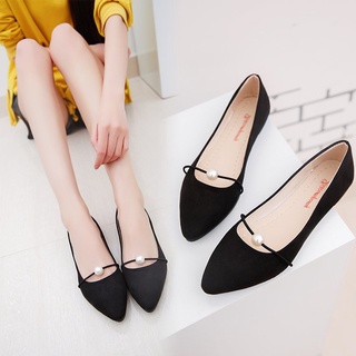 mujer color sólido gamuza tacón plano perla tacón plano punta casual zapatos negro