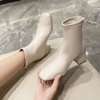 Martin boots women s spring and autumn single boots 2021 new rear zipper thick heel short boots white square toe high heel stretch thin boots