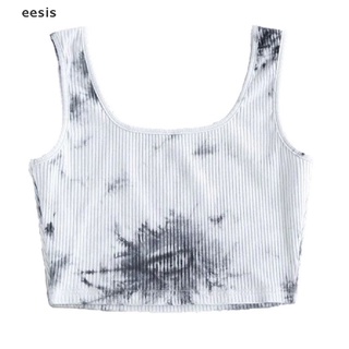 [Eesis] 1pc Ladies Tie-dye Print T-shirts Crop Top Combed Cotton Sleeveless Pullover DFHF
