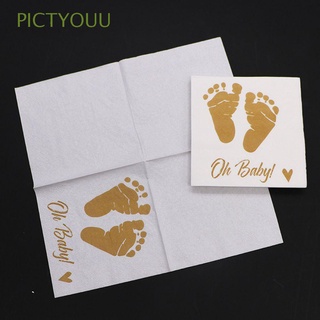 PICTYOUU 20PCS/Pack Creative Oh Baby Table Decoration Feet Print Pattern Gold Stamping Napkins Gift Shower Baby Birthday Party Supplies Natural Disposable Paper