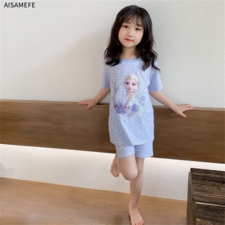 Aisamefe Frozen ropa de moda nuevas niñas Elsa princesa de dibujos animados conjunto de niños camiseta pantalones cortos pijama conjunto de algodón ropa de hogar (1)