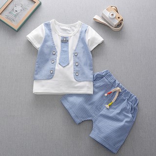 verano bebé niños ropa de manga corta falsa corbata impresión tops camisas+pantalones cortos de rayas niño conjuntos de ropa 13 (1)