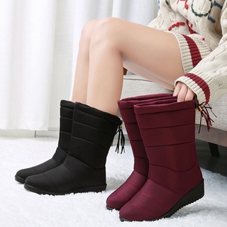 Ae felpa y engrosado caliente botas de nieve exquisitas borlas de tubo medio botas de nieve impermeables mujeres para el invierno 0930*