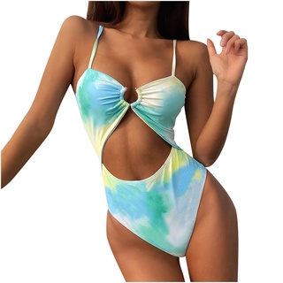 *DMGO*=Button One-Piece Bikini Push-Up Pad Swimwear Tie-dye Printed Swimsuit Beachwear