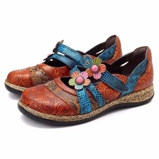Retro Inglaterra Floral Cuero Costuras Sandalias Rayas Cuñas Zapatos Planos Casual (9)