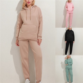 Fashion Women's Hooded Sweater Autumn and Winter Plus Velvet Thick Two-piece Loose Top Trousers Suit