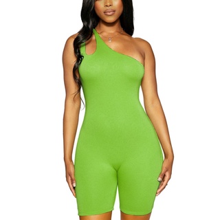W✧✧Mono ajustado para mujer, Color sólido, mono sin mangas de un hombro, verde/negro