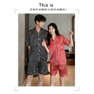 Negro rojo cuadros satén pijamas pareja pijamas de seda pijama de las mujeres ropa de dormir Baju Tidur pareja (9)