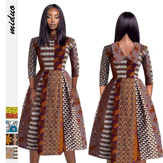 💖✨Ready Stock✨Direct Selling Digital Printing African Style Women's BackVCollar Zipper Three-Quarter Sleeve Fashion Dress Midi Dress