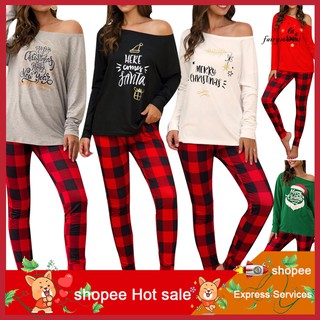 2 pzas Conjunto De Pijama para mujer Camiseta con estampado De letras y pantalones largos De cuadros navideños