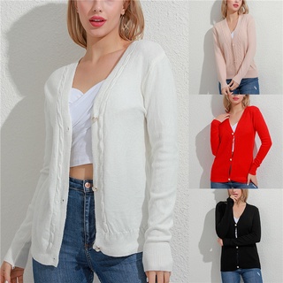 New Fashion Women Casual Solid Color Long Sleeve Knitted Cardigan Sweater Blouse V-neck Sweater Coat