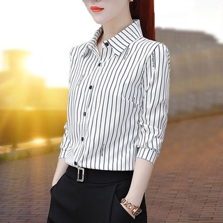 Camisa de rayas verticales en blanco y negro mujer primavera y otoño blusa profesional de manga larga azul
