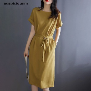(auspiciounm) básico mujeres color sólido manga corta verano mini vestido lazo cintura túnica causal cuello redondo vestido delgado encaje en venta