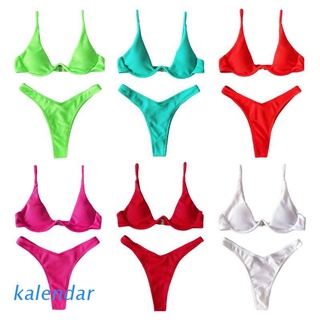 KALEN Women Sexy Brazilian Bikini Set V-Neck Push Up Underwire Triangle Swimsuit Bright Neon Solid Color Ribbed Bathing Suit