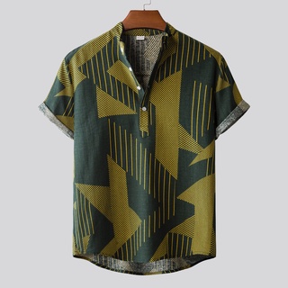 Janesame_Hombres lino étnico manga corta Casual impresión hawaiana camisa blusa camiseta