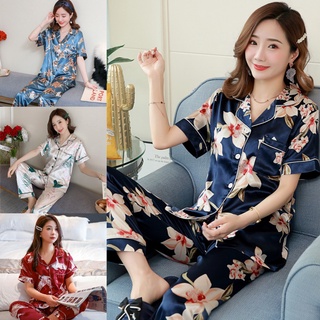 M-5xl diseños de flores de manga corta más el tamaño de pijama de las mujeres de satén impreso ropa de dormir Wanita conjunto de seda pijamas (5)