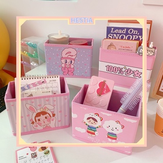 Plegable organizador de escritorio caja de almacenamiento de dibujos animados impreso rosa tela no tejida maquillaje papelería titular para niños niñas