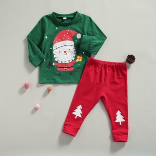 Ll5-niño bebé trajes de navidad de manga larga impresión de dibujos animados jersey Tops + pantalones de árbol conjunto