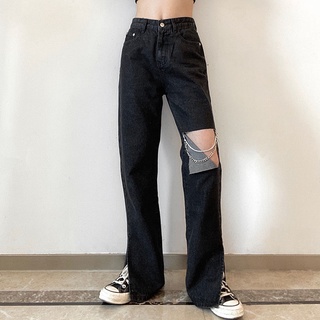 Negro agujero cadena ancho pierna jeans mujeres s nueva sección delgada ins cintura alta división suelta y delgada pantalones rectos tendencia (8)