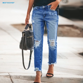 More_ verano Ripped Jeans Color sólido bolsillos Jeans angustiado Streetwear
