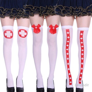 bef mujeres halloween muslo altas medias largas blanco cruz roja bowknot sedoso sobre la rodilla calcetines largos fiesta enfermera cosplay medias