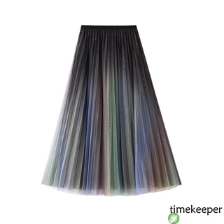 ♥Es❤Mujer coreano gradiente Color falda moda malla hilo cintura alta plisada media longitud falda