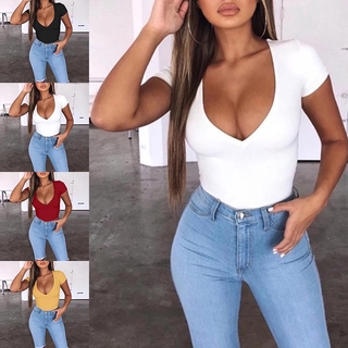 Fashion summer short-sleeved casual V-neck low-cut panties solid color women's stretch top