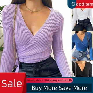 gooditem mujeres sexy cuello v envoltura blusa color sólido manga larga delgada acanalada prendas de punto superior