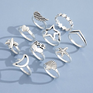 10 unids/set vintage plata corazón estrella luna anillos conjunto de moda punk geométrico anillos para mujeres fiesta boda joyería accesorios (4)