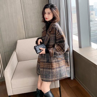 Abrigo de mezcla de lana a cuadros para mujer, chaqueta de lana coreana cálida, abrigo largo de mezcla de lana, moda de otoño e invierno, 2021