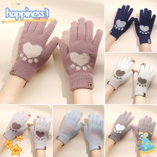 guantes de dedo divididos de felicidad para mujeres/guantes de lana caliente de dedo completo con patrón de pata de gato/a prueba de frío/otoño e invierno/pantalla táctil multicolor