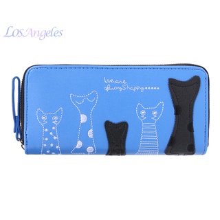 Zm/mujer gato de dibujos animados largo cartera titular de la tarjeta de embrague cremallera PU bolso (azul) -