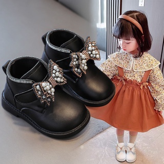 Las niñas zapatos2021Nuevo arco suave Fondo princesa botas Otoño e Invierno niños botas de cuero bebé niña zapatos de niño