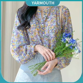 yar_blusa de manga larga de chifón para mujer con botones y estampado floral