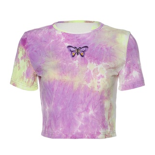 lucky mujeres niñas manga corta cuello redondo mariposa bordado moda tie-dye impreso slim t-shirt crop top verano clubwear (4)
