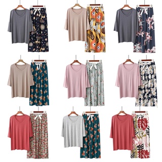Micdrop-2 piezas conjunto de ropa de dormir, Color sólido femenino cuello redondo manga corta Tops+pantalones pijama de impresión Floral para (1)