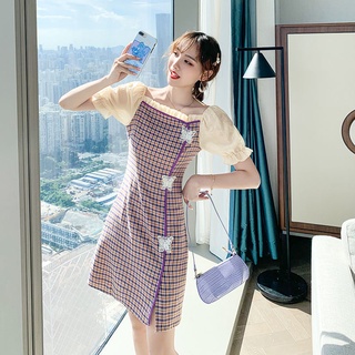 Vestido a cuadros Cheongsam mejorado estilo francés para mujer verano2021Nueva Slim-Fit adelgazamiento falda falda