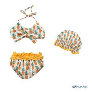 ❂Vk❣3 piezas transpirables niñas pequeñas traje de baño, verano niños piña impresión encaje Top Split traje de baño + sombrero (1)