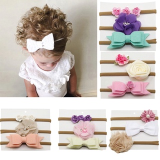 Clickon1_3 pzs diadema elástica Floral para niñas/conjunto de diadema con lazo para el cabello/bebé