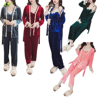 KKT 3 Piezas Mujeres Invierno Cálido Coral Terciopelo Pijamas Conjunto Bordado Floral Encaje Patchwork Ropa De Dormir Cintura Cinturón Color Sólido Camisón