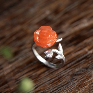 tradicional hecho a mano de plata de ley 925 abierto ajustable anillos de ágata roja rosa dedo banda anillo de joyería para las mujeres señoras