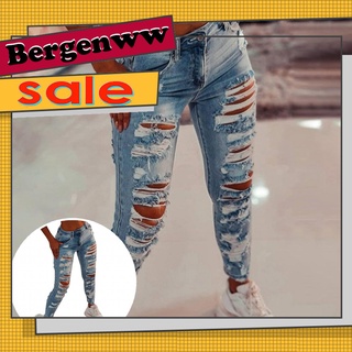 <Bergenww_my> Fondos de mezclilla pantalones de las mujeres Slim Casual Ripped Jeans apretado para salir